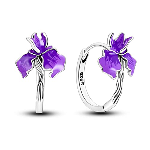 NARMO 925 Sterling Silber Hoop Ohrringe für Frauen Lila Iris Blume Ohrringe von NARMO