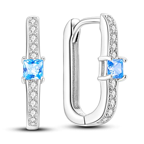 NARMO 925 Sterling Silber U Shaped Hoop Ohrringe für Frauen - Blau Cubic Zirkonia Silber Reifen Einfache U-förmige Ohrringe von NARMO