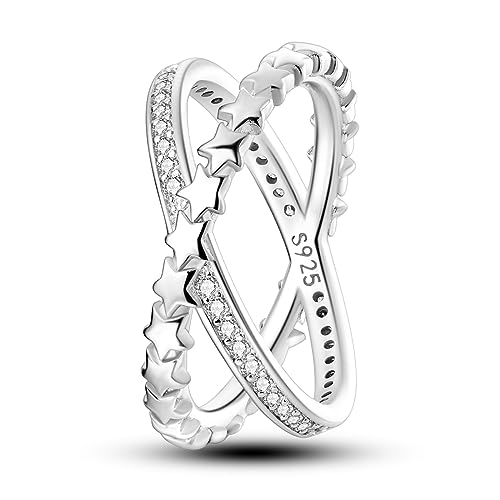 NARMO 925 Sterling Silber Ringe für Frauen Sterne Cross Line Ring Cubic Zirkonia Ring Statement Ring Größe 54mm von NARMO