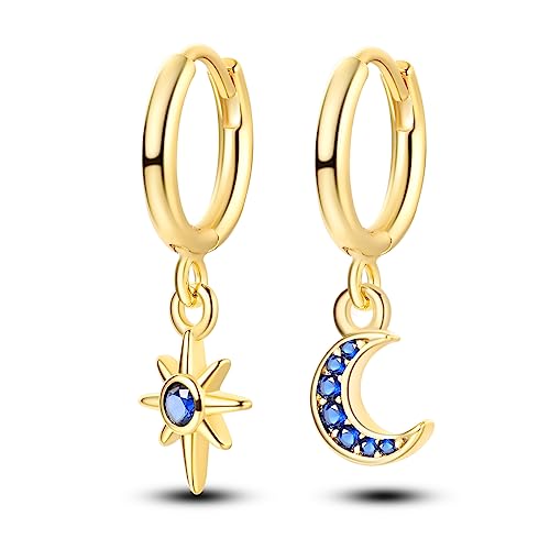 NARMO Dangle Drop Ohrringe 925 Sterling Silber Gold überzogene Star&Moon Ohrringe Blau Cubic Zirkonia Hoop Ohrringe für Frauen Mädchen von NARMO