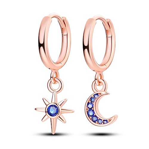 NARMO Dangle Drop Ohrringe 925 Sterling Silber Rose Gold Star&Moon Ohrringe Blau Cubic Zirkonia Hoop Ohrringe für Frauen Mädchen von NARMO