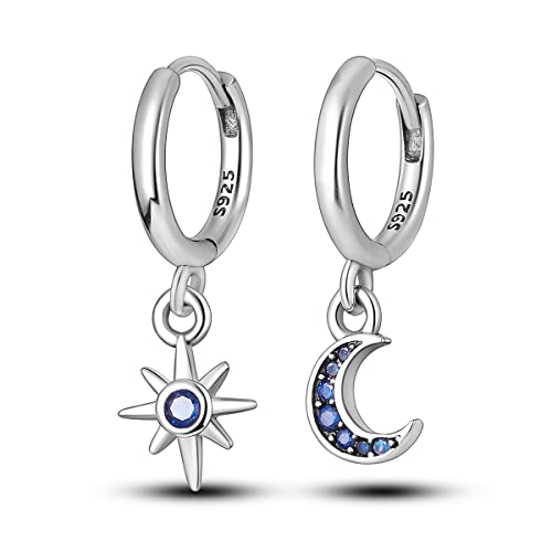 NARMO Dangle Drop Ohrringe 925 Sterling Silber Star&Moon Ohrringe Blau Cubic Zirkonia Hoop Ohrringe für Frauen Mädchen von NARMO