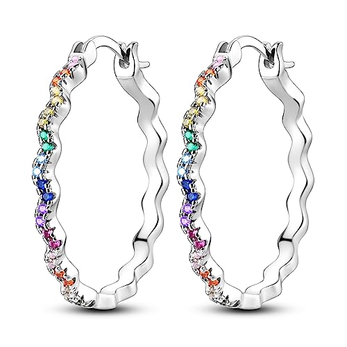 NARMO Hoop Ohrringe für Frauen 925 Sterling Silber Bunte Cubic Zirkonia Regenbogen Hoop Ohrringe Leichte Ohrringe von NARMO