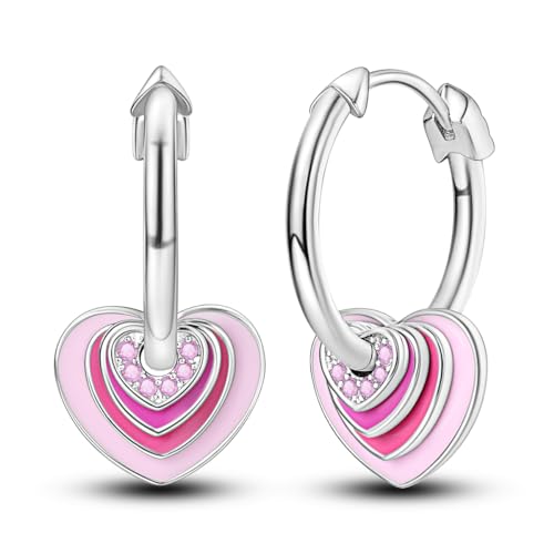 NARMO Rosa Herz Dangle Drop Ohrringe - 925 Sterling Silber Hoop Ohrringe für Frauen von NARMO