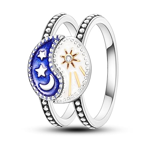 NARMO Ringe für Frauen 925 Sterling Silber Mond Stern Sonne Kombination Finger Ring Stapelbar Cubic Zirkonia Ring Größe 57mm von NARMO