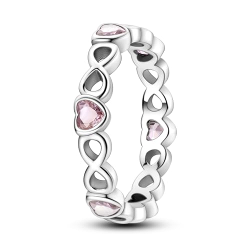 NARMO Ringe für Frauen Mädchen 925 Sterling Silber Ring Stapelbarer Ring Rosa Herzen Ewige Liebe Ringe Größe 54mm von NARMO