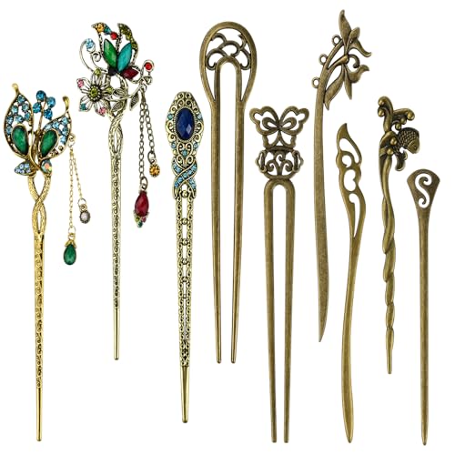 NAROSEBE 9 Stück Chinesische Damen Haar Stäbchen Vintage Chinesische Haarnadel Haarstäbchen Blumen Dekorative Chinese Hair Sticks Haarstab Vintage Antike Haarnadeln für Haar DIY Zubehör von NAROSEBE