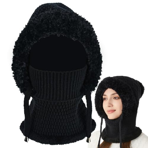 NAROSEBE Damen Sturmhaube Plüsch Strickmütze Winter Skimütze mit Schal Warme Schlupfmütze Balaclava Wintermütze Gesichtshaube Mütze Winddichte Skimaske mit Nackenwärmer für Winter Outdoor Sports von NAROSEBE