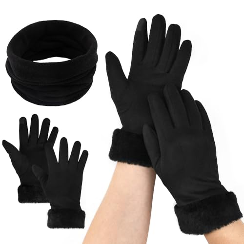 NAROSEBE Winterhandschuhe Damen Touchscreen Handschuhe Winter mit Fleece Thermo Winterhandschuhe mit Schlauchschal Multifunktionstuch Schal Outdoor Winter Geschenke für Herren und Damen von NAROSEBE