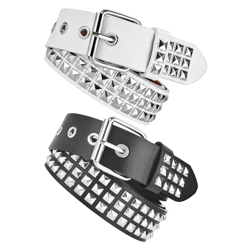 NAROSEBE Partielle 2 Stück Nietengürtel Damen Herren Nietenguertel 115cm Nieten Gurtel Gürtel mit Nieten Schwarz Nietengürtel Weiß Pyramide Gothic Ledergürtel Punk Pyramide Nietengürtel von NAROSEBE
