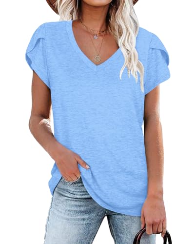 Damen T-Shirt Blau Sommer Tops Damen Kurzarm V-Ausschnitt Gym Wear Shirts M von NARRAME