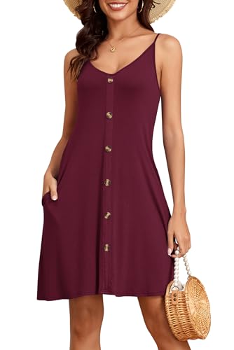 NARRAME Damen-Kleider, Spaghettiträger, V-Ausschnitt, Damen-Sommerkleid, lässig, ärmellos, Basic-Strandkleid mit Taschen, Burgunderrot, X-Large von NARRAME