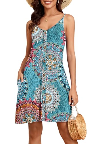 NARRAME Damen-Kleider, Spaghettiträger, V-Ausschnitt, Damen-Sommerkleid, lässig, ärmellos, Blumen-Strandkleid mit Taschen, Bedruckt, Grün, X-Large von NARRAME