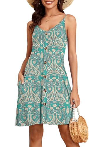 NARRAME Damen-Kleider, Spaghettiträger, V-Ausschnitt, Damen-Sommerkleid, lässig, ärmellos, Blumen-Strandkleid mit Taschen, Boho-Blumenmuster, Grün, X-Large von NARRAME