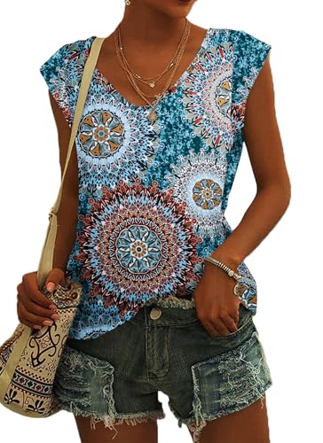 NARRAME Damen Kurzarm T-Shirt Oversize Sommer Tank Top Locker Oberteile Damen V Ausschnitt Blusen Große Größen Oversize Blumenmuster Grün XXX-Large 3XL 54-56 von NARRAME