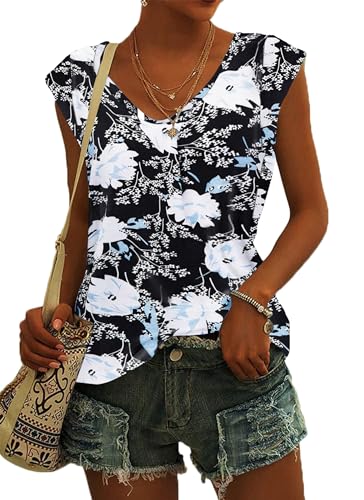 NARRAME Damen Kurzarm T-Shirt Oversize Sommer Tank Top Locker Oberteile Damen V Ausschnitt Blusen Große Größen Oversize Blumenmuster Blauweiß XXX-Large 3XL 54-56 von NARRAME