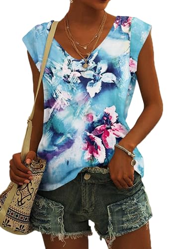 NARRAME Damen Kurzarm T-Shirt Oversize Sommer Tank Top Locker Oberteile Damen V Ausschnitt Blusen Große Größen Oversize Blumenmuster Himmelblau Rosa XXX-Large 3XL 54-56 von NARRAME