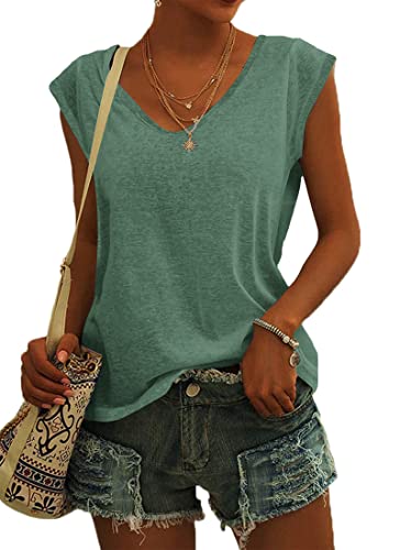 NARRAME Damen Kurzarm T-Shirt Oversize Sommer Tank Top Locker Oberteile Damen V Ausschnitt Blusen Große Größen Oversize Einfarbig Dunkelgrün XXX-Large 3XL 54-56 von NARRAME