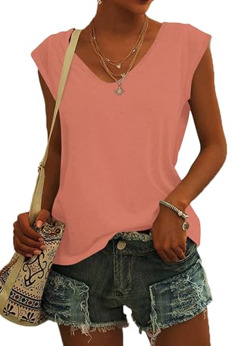 NARRAME Damen Kurzarm T-Shirt Oversize Sommer Tank Top Locker Oberteile Damen V Ausschnitt Blusen Große Größen Oversize Einfarbig Korallen Rosa XXX-Large 3XL 54-56 von NARRAME