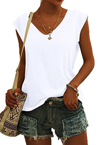 NARRAME Damen Kurzarm T-Shirt Oversize Sommer Tank Top Locker Oberteile Damen V Ausschnitt Blusen Große Größen Oversize Einfarbig Weiß XXX-Large 3XL 54-56 von NARRAME