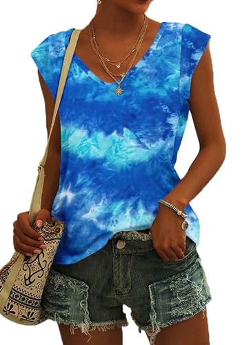 NARRAME Damen Kurzarm T-Shirt Oversize Sommer Tank Top Locker Oberteile Damen V Ausschnitt Blusen Große Größen Oversize Tie Dye Blau Grün XXX-Large 3XL 54-56 von NARRAME