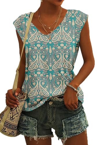 NARRAME Damen Kurzarm T-Shirt Sommer Tank Top Locker Oberteile Damen V Ausschnitt Blusen Paisley Boho Blumenmuster Grün XX-Large 2XL 50-52 von NARRAME