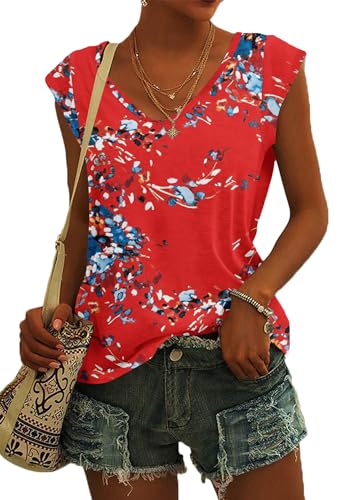 NARRAME Damen Kurzarm T-Shirt Sommer Tank Top Locker Oberteile Damen V Ausschnitt Blusen Blumenmuster Blaurot XX-Large 2XL 50-52 von NARRAME