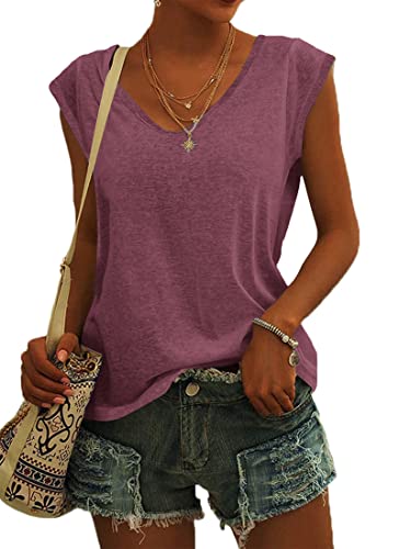 NARRAME Damen Kurzarm T-Shirt Sommer Tank Top Locker Oberteile Damen V Ausschnitt Blusen Einfarbig Burgunderrot XX-Large 2XL 50-52 von NARRAME