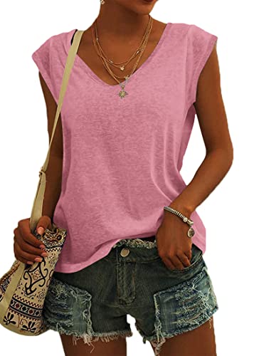 NARRAME Damen Kurzarm T-Shirt Sommer Tank Top Locker Oberteile Damen V Ausschnitt Blusen Einfarbig Dunkel rosa XX-Large 2XL 50-52 von NARRAME