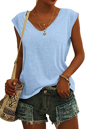 NARRAME Damen Kurzarm T-Shirt Sommer Tank Top Locker Oberteile Damen V Ausschnitt Blusen Einfarbig Hellblau XX-Large 2XL 50-52 von NARRAME