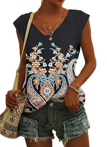 NARRAME Damen Kurzarm T-Shirt Sommer Tank Top Locker Oberteile Damen V Ausschnitt Blusen Paisley Boho Blumenmuster Schwarz XX-Large 2XL 50-52 von NARRAME