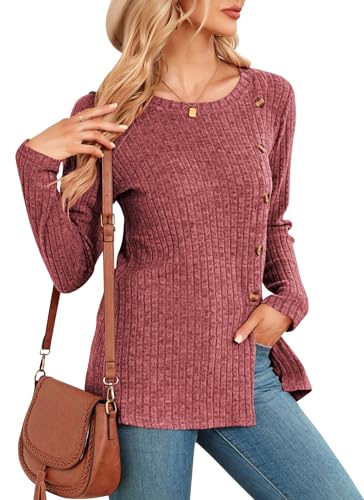 NARRAME Damen-Oberteile, Winter-Langarmpullover für Damen, lässige Pullover mit Knöpfen vorne und Schlitz, Mittelrot von NARRAME