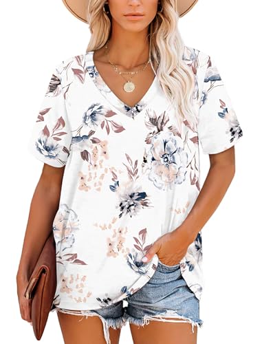 NARRAME Oversize Damen T-Shirt V-Ausschnitt Damen Tops Kurzarm Gestreifte Sommer Kausal blumenweiß XXL von NARRAME