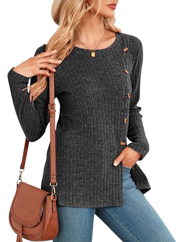 NARRAME Damen-Oberteile, langärmelige Pullover für Damen, Winter-Pullover mit Knöpfen vorne und Schlitz, lässiger Pullover in mittlerem Dunkelgrau von NARRAME