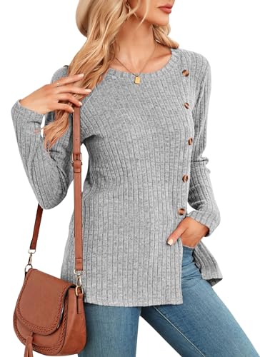 NARRAME Damen-Pullover, Langarm-Oberteile, Damen-Sweatshirt mit Knöpfen vorne, Schlitz, Frühling, Herbst, groß, Weiß, Grau von NARRAME