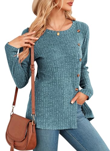 NARRAME Damen-Pullover, Winter-Langarm-Party-Oberteil für Frauen, Tunika mit Knöpfen vorne und Schlitz, tailliert, X-Large, Jeansblau von NARRAME