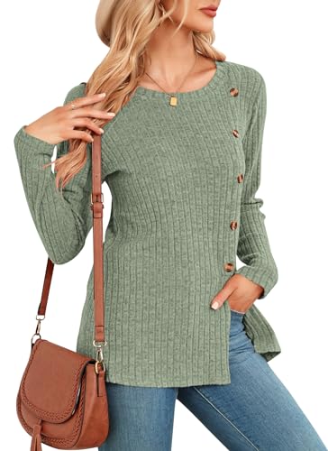 NARRAME Damen-Pullover, langärmelige Oberteile für Frauen, Knöpfe, Seitenschlitz, Bluse, Frühling, Herbst, Größe L, Grün von NARRAME