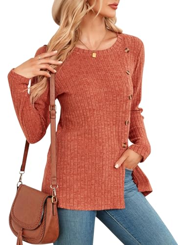 NARRAME Damen-Pullover, langärmelige Tunika-Oberteile für Damen, Knöpfe vorne, Schlitz, Frühling, Herbst, groß, Karamell von NARRAME