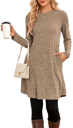 NARRAME Damen-Pullover-Kleider, Winter, langärmelig, Kausale Knöpfe, seitliche Kleider für Damen, elegant, mit kleinen Taschen, Kaffeebraun von NARRAME