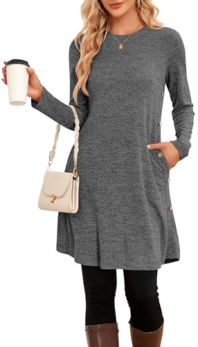 NARRAME Damen-Pullover-Kleider, Winter, langärmelig, lässig, Knöpfe, Seitenkleider für Damen, elegant, mit Taschen, klein, Dunkelgrau von NARRAME