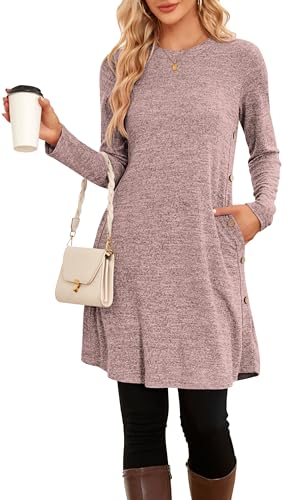 NARRAME Damen-Pullover-Kleider, Winter, langärmelig, lässig, Knöpfe, Seitenkleider für Damen, elegant, mit Taschen, klein, Rosa, Grau von NARRAME