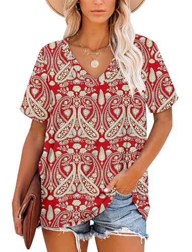 NARRAME T-Shirt Damen Sommer Tops Damen Kurzarm V-Ausschnitt Gym Wear Shirts Paisley Boho Blumenmuster Rot Mittel M 38-40 von NARRAME