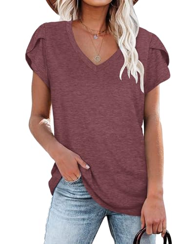 NARRAME Damen T-Shirt Burgund Tops für Sommer Kurzarm Oberteile V-Ausschnitt für Damen S von NARRAME