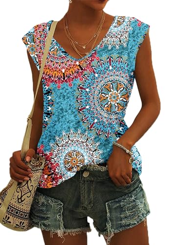 NARRAME Damen T-Shirt Sommer Blusen Kurzarm V Ausschnitt Tshirt Leicht Lässig Luftig Sommer Tank Top blumengrün L von NARRAME