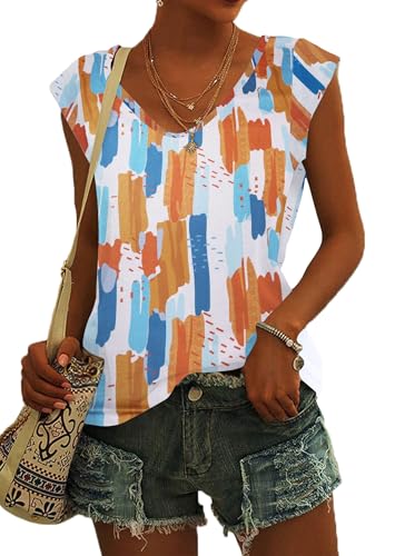 NARRAME Damen T-Shirt Sommer Blusen Kurzarm V Ausschnitt Tshirt Leicht Lässig Luftig Tank Top Blumenmuster Farbblockdruck Groß L 42-44 von NARRAME