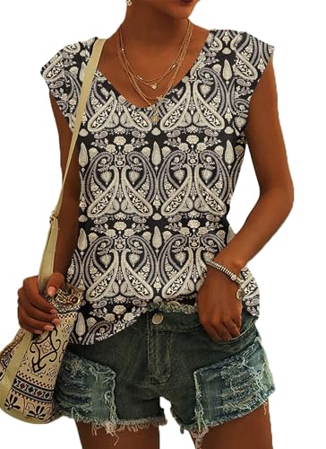 NARRAME Damen T-Shirt Sommer Blusen Kurzarm V Ausschnitt Tshirt Leicht Lässig Luftig Tank Top Paisley Boho Blumenmuster Schwarz Groß L 42-44 von NARRAME