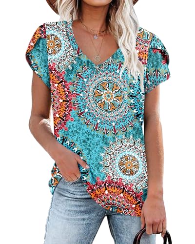 NARRAME Damen T-Shirt blumengrün Tops für Sommer Kurzarm Oberteile V-Ausschnitt für Damen S von NARRAME