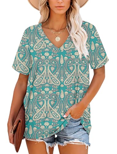 Damen T-Shirts Boho Flora Grün Sommer Gestreifte V-Ausschnitt Tops für Frauen L von NARRAME