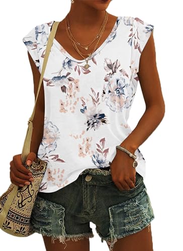 NARRAME Damen T-Shirt Sommer Blusen Kurzarm V Ausschnitt Tshirt Leicht Lässig Luftig Sommer Tank Top blumenweiß L von NARRAME