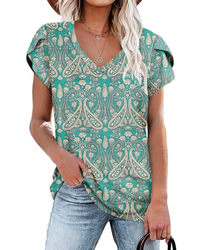 NARRAME Damen Tops Boho Flora Grün V-Ausschnitt Blütenblatt Ärmel T-Shirt Sommer Kausal Tunika XXL von NARRAME